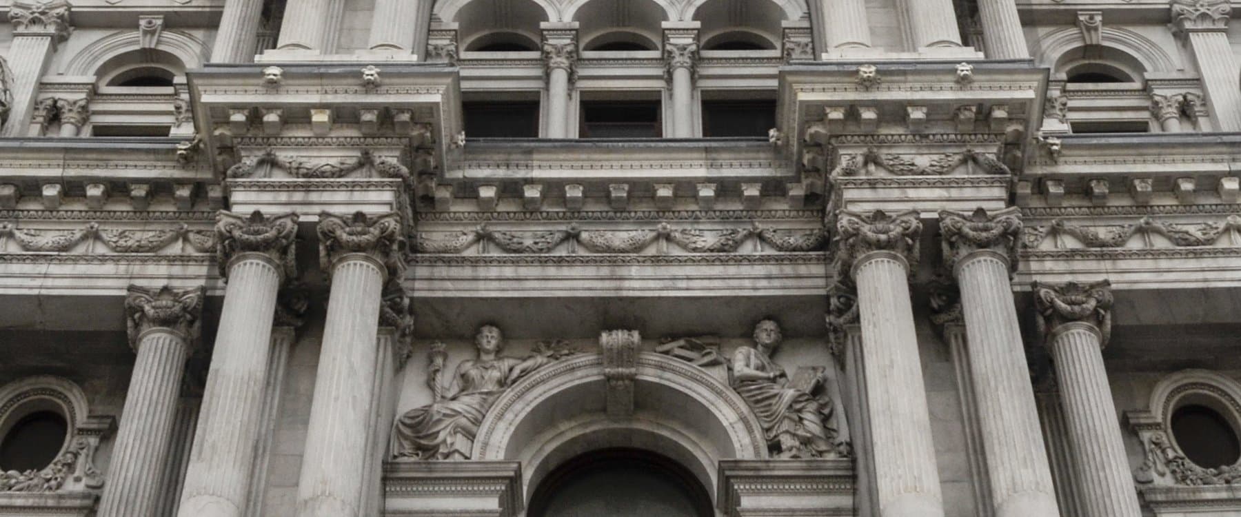 Architectural columns and statuary at Philadelphia City Hall